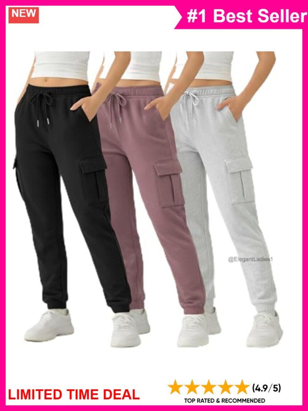 3 Pack Fleece Cargo Joggers Tapered Cuffed Sweatpants 4 Pockets Women